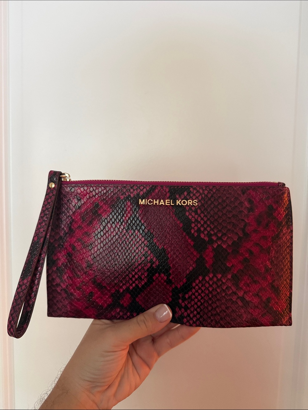 Michael Kors Magenta Pink Snake-Print Wristlet Clutch with Gold Logo